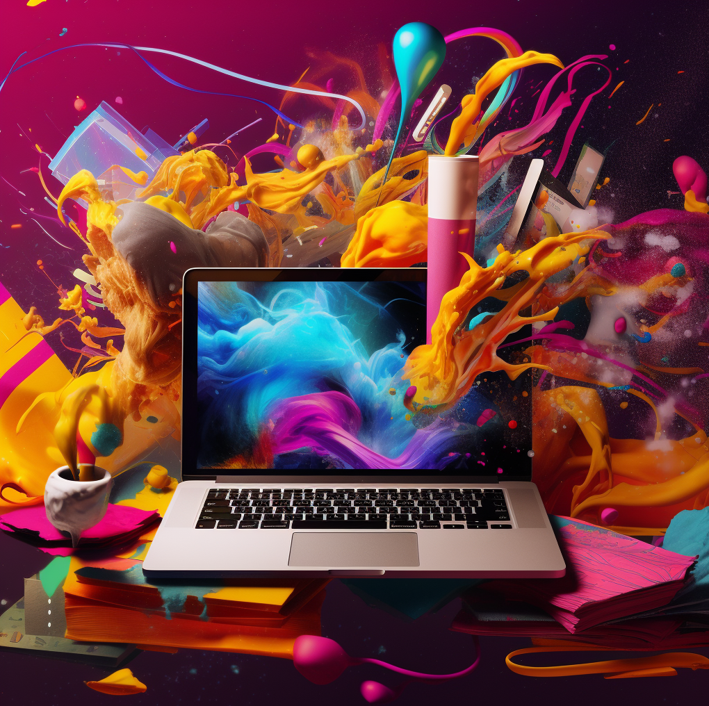 image of laptop with vibrant colour splashes surrounding it